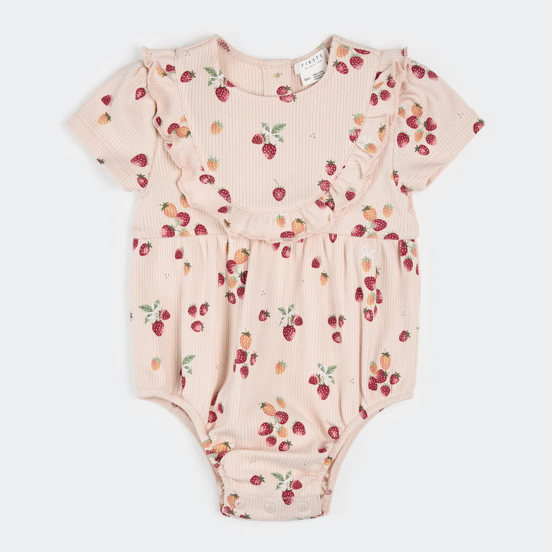Strawberry Print on Soft Pink Ribbed Bubble Romper
