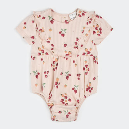 Strawberry Print on Soft Pink Ribbed Bubble Romper