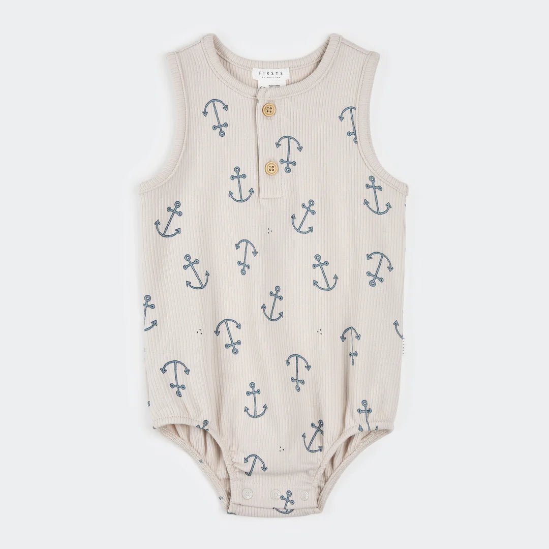 Anchors Print on Creme Ribbed Romper