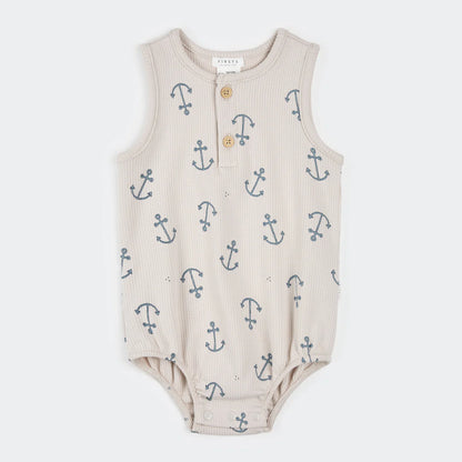 Anchors Print on Creme Ribbed Romper