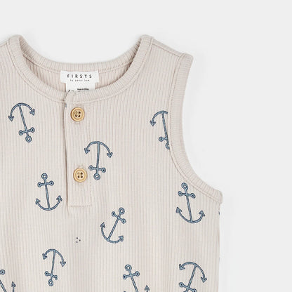 Anchors Print on Creme Ribbed Romper