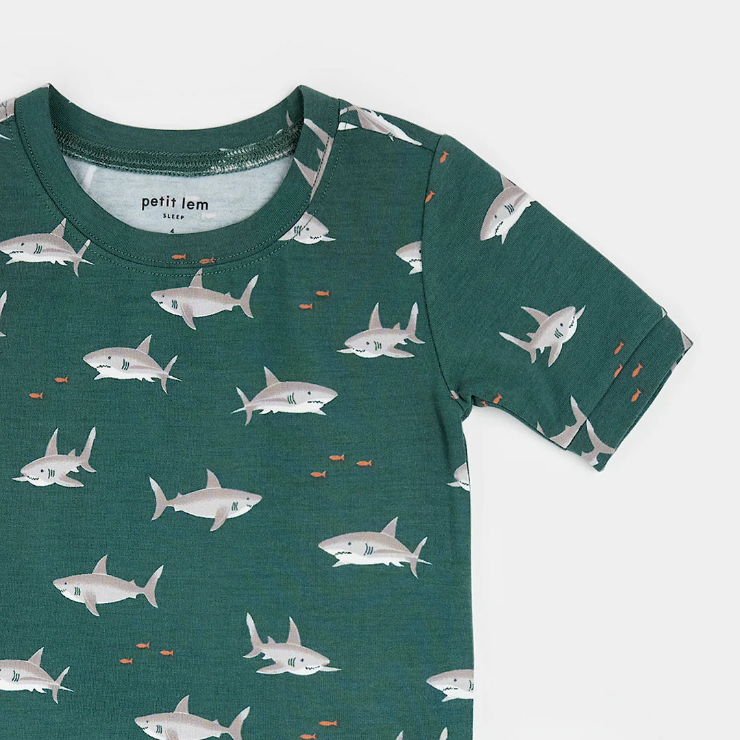 Sharks Print on Deep Green Summer Sleep Set