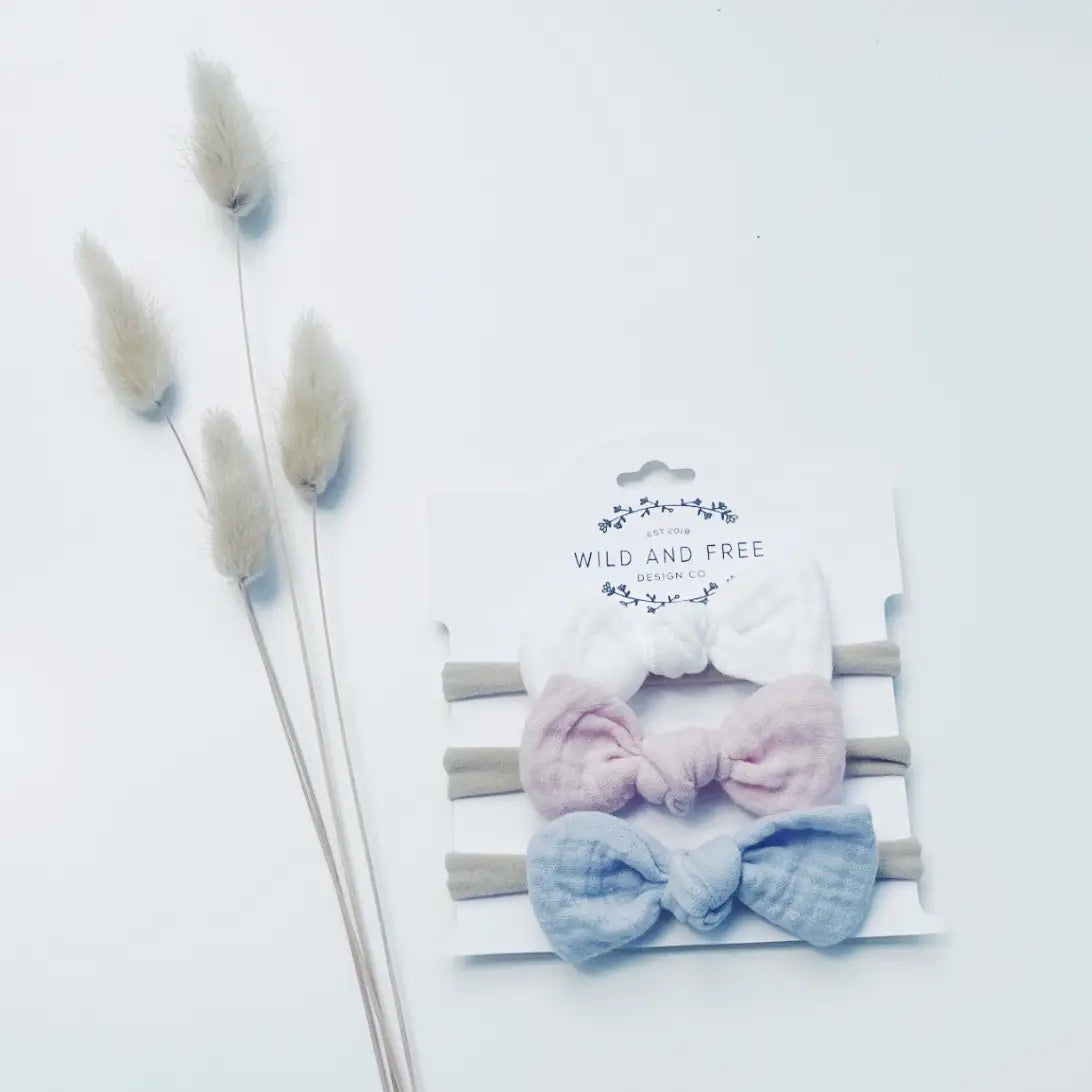 Linen Baby Bow Set 3 Piece Nylon Band