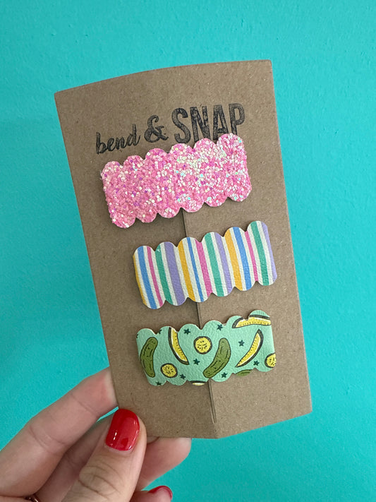 Glitter Pink-Stripes-Pickles Snap Clips 3 Pack