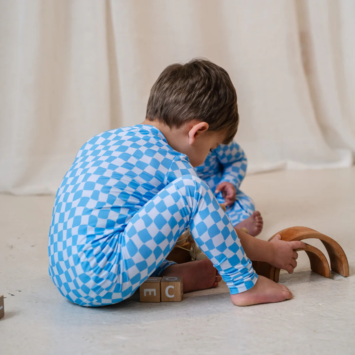 Blue Wavy Checks 2 Piece Bamboo Set- Short Sleeve