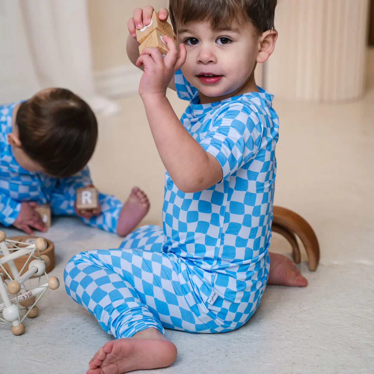 Blue Wavy Checks 2 Piece Bamboo Set- Short Sleeve