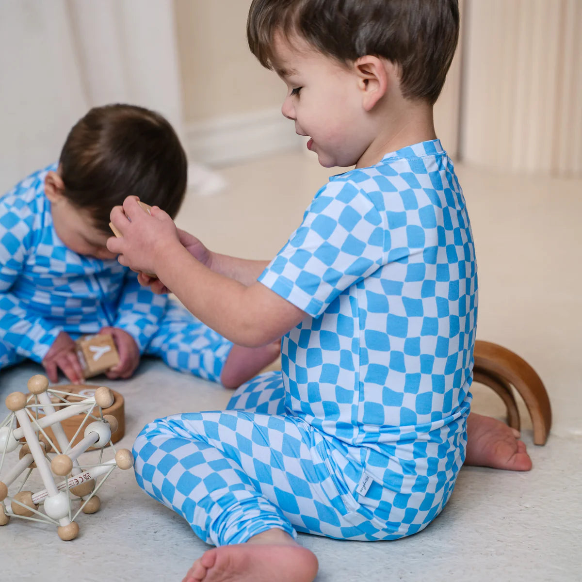 Blue Wavy Checks 2 Piece Bamboo Set- Short Sleeve