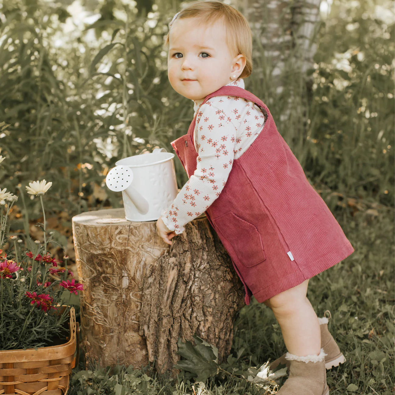 Raspberry Corduroy Overall Dress Set