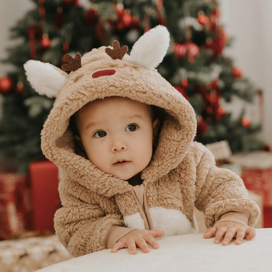 Littlest Reindeer on Taupe Sherpa Playsuit