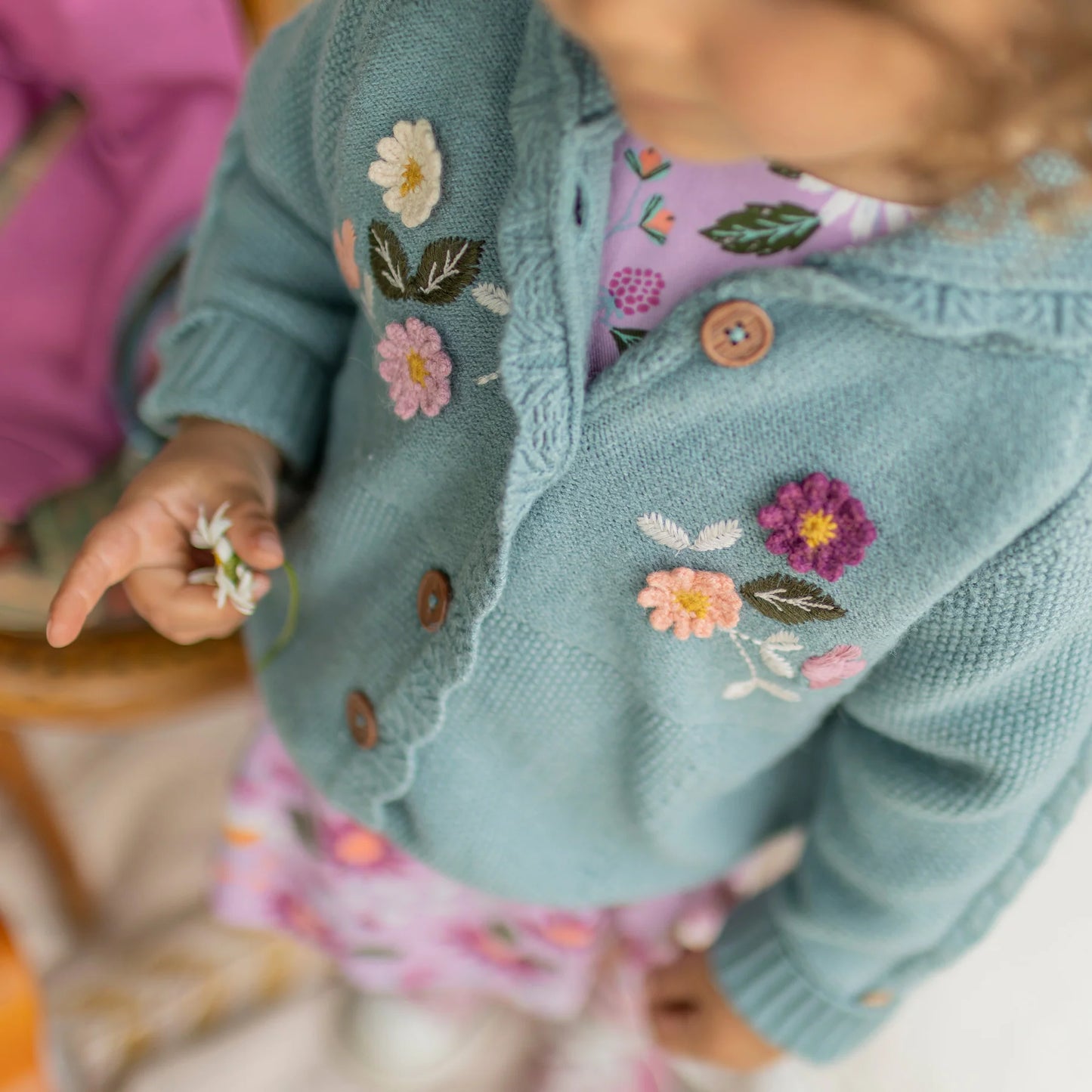 Ash Blue Knitted Floral Sweater- Baby