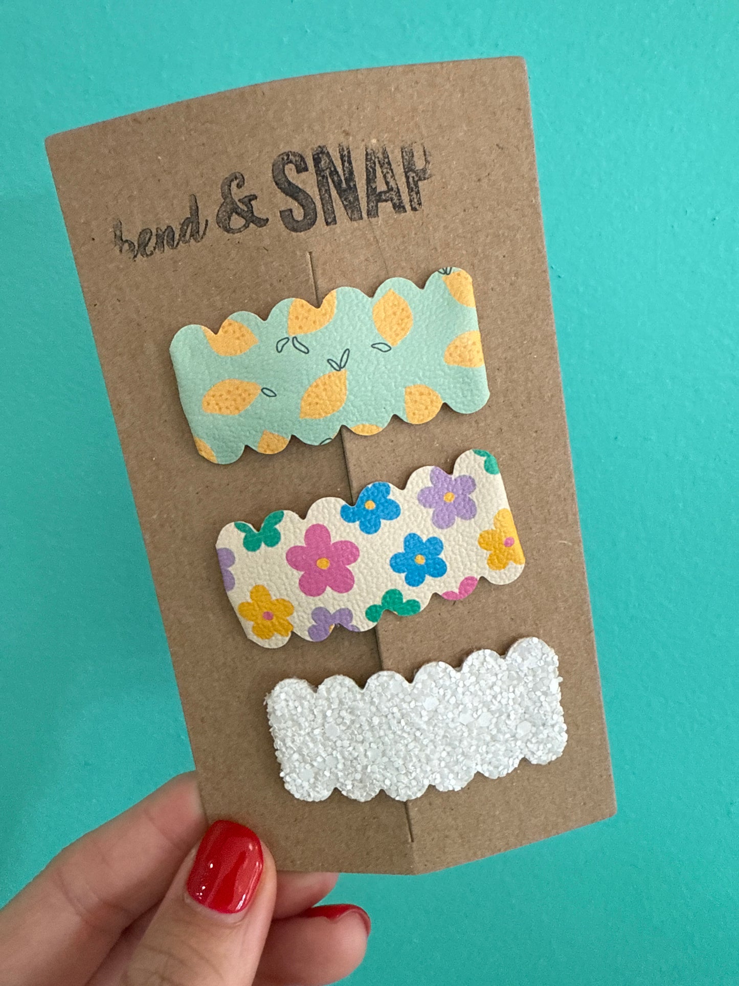 Lemons-Flowers-White Sparkles Snap Clips 3 Pack