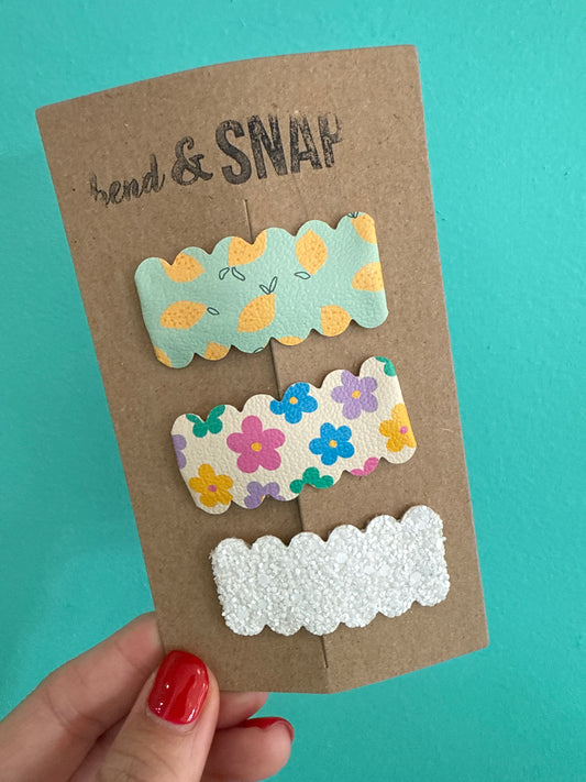 Lemons-Flowers-White Sparkles Snap Clips 3 Pack