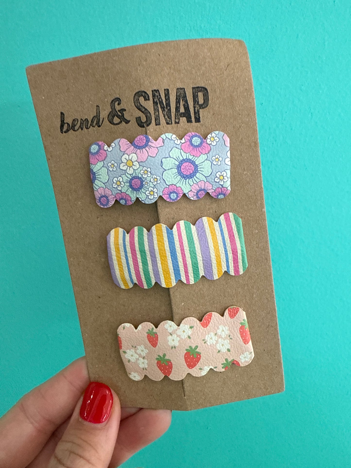 Flower-Stripes-Strawberry Daisy Snap Clips 3 Pack