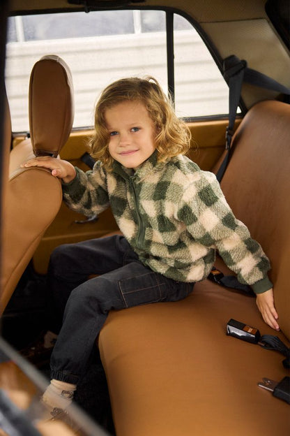 Kids Green & Beige Check Teddy Sherpa