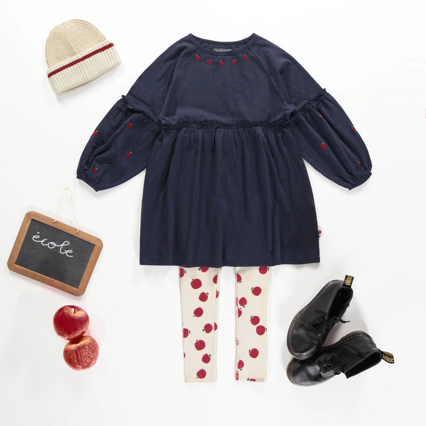 Kids Navy Dress with Apple Embroidery on Crinkle Jersey