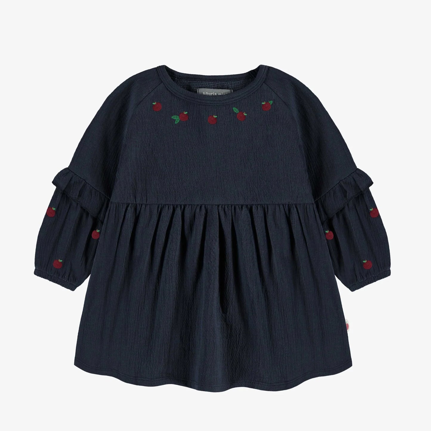 Baby Navy Dress with Apple Embroidery on Crinkle Jersey