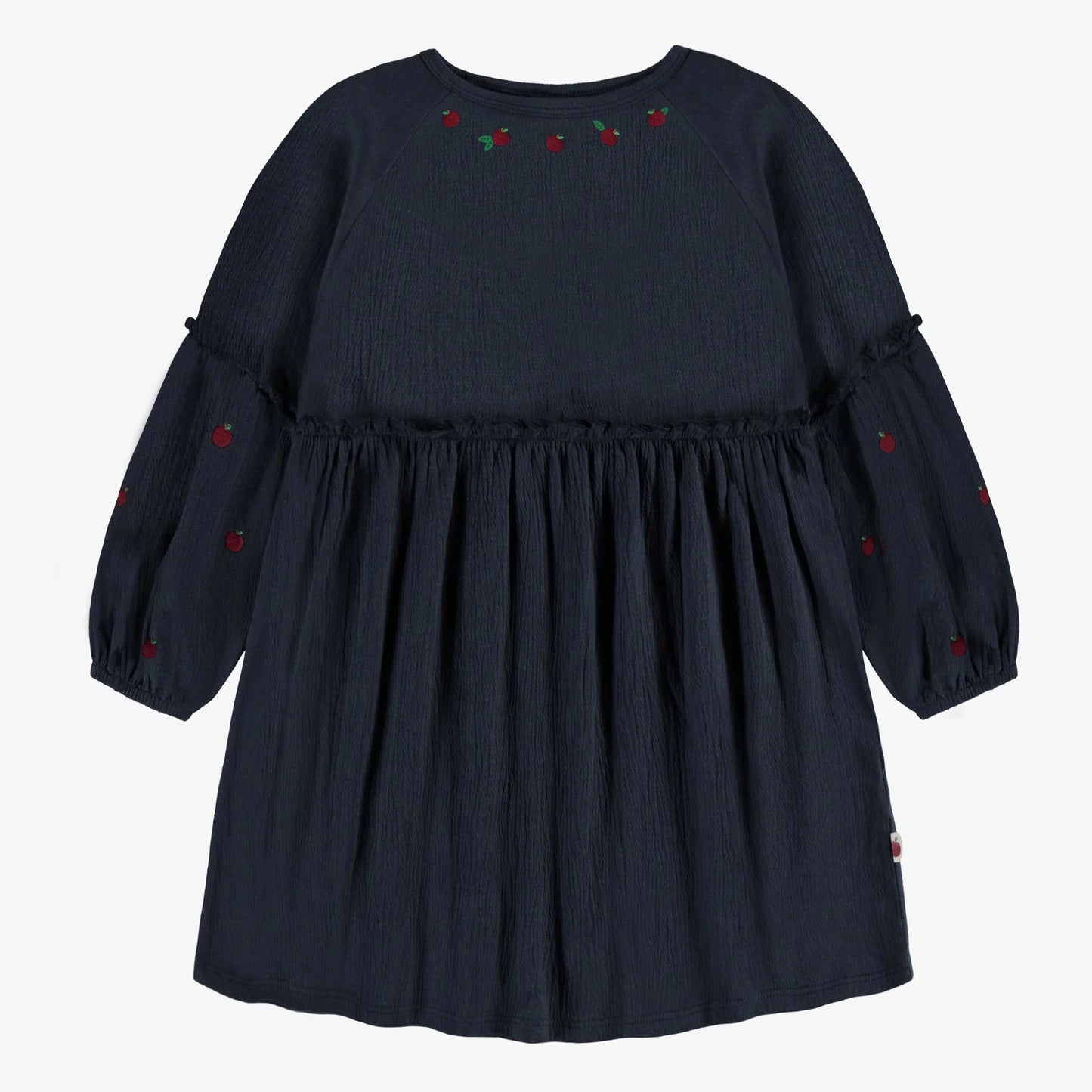 Kids Navy Dress with Apple Embroidery on Crinkle Jersey