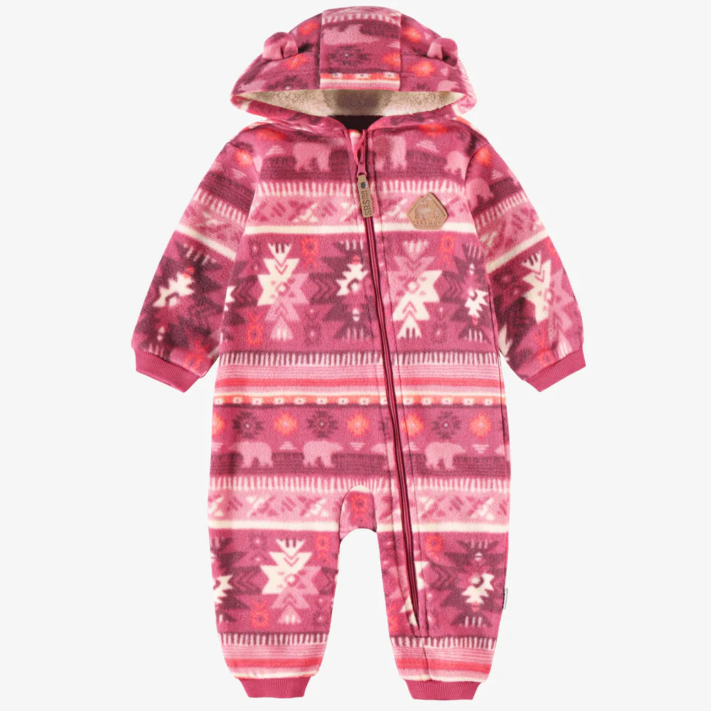 Baby pink fleece one-piece with patterns