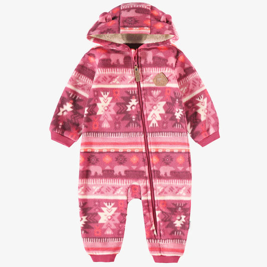 Baby pink fleece one-piece with patterns