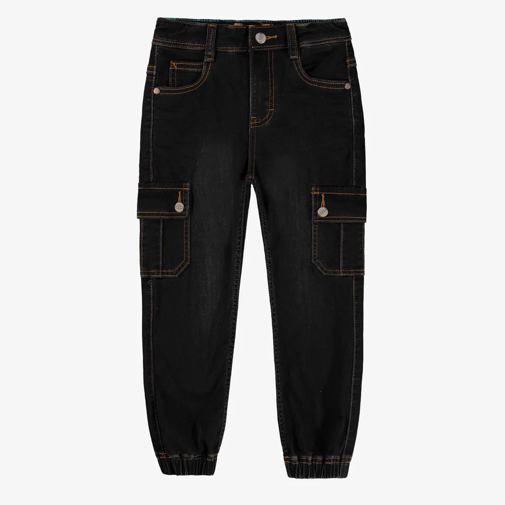Kids Black Stretchy Denim with Cargo Pockets