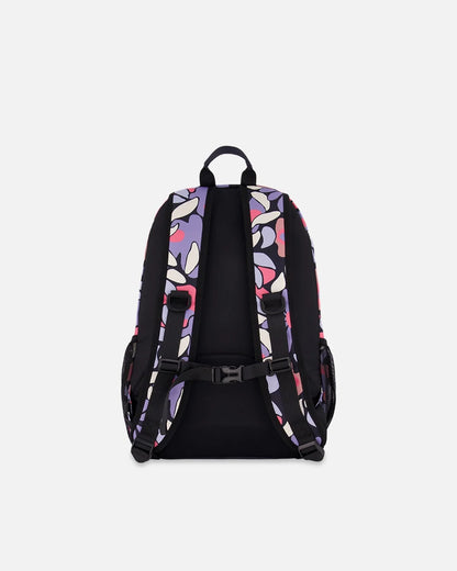 Kids Backpack Black Retro Flower Print