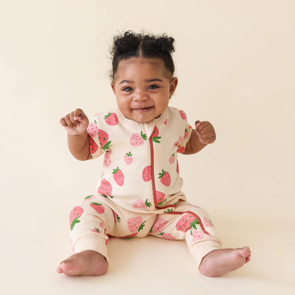 Strawberries Organic Signature Print '2-Way' Zip Romper - Short Sleeve