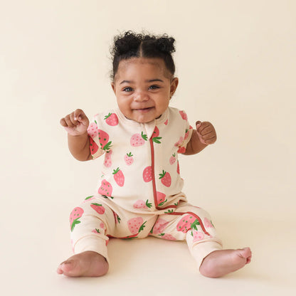 Strawberries Organic Signature Print '2-Way' Zip Romper - Short Sleeve
