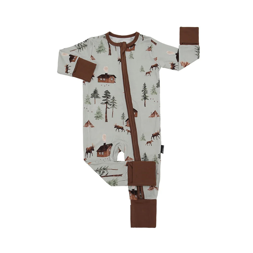 Footless Sleeper with Fold-Over Cuffs - Moose on Green