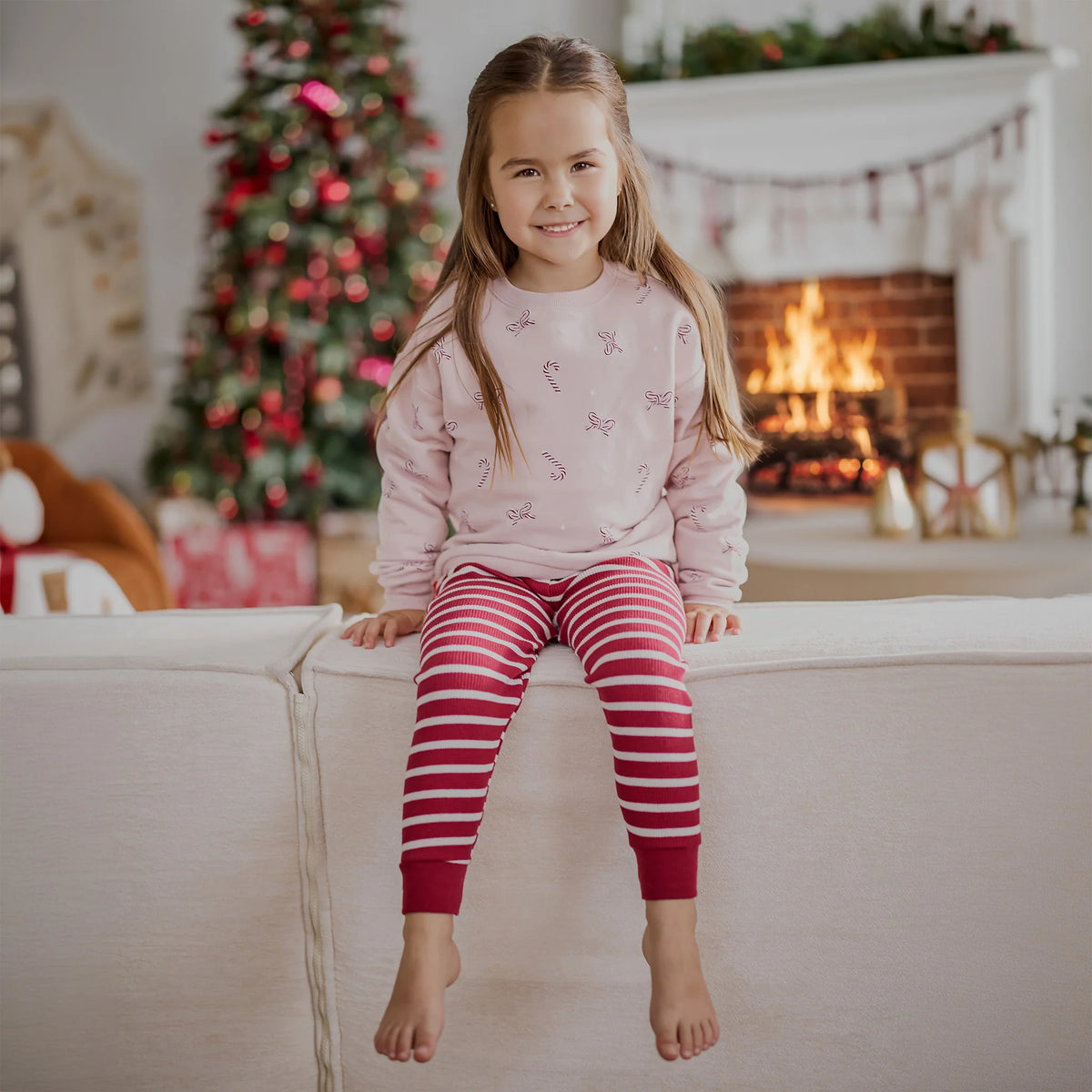 Candy Cane Dreams Print on Rose Fleece Sweatshirt