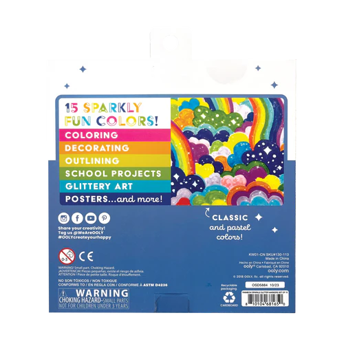 Rainbow Sparkle Glitter Markers - Set of 15