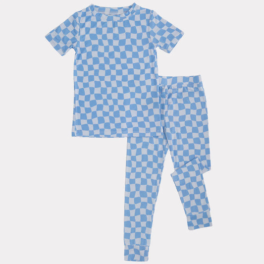 Blue Wavy Checks 2 Piece Bamboo Set- Short Sleeve