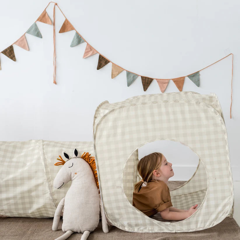 Gingham Beige Fabric 3-in-1 Play Tent & Tunnel Set