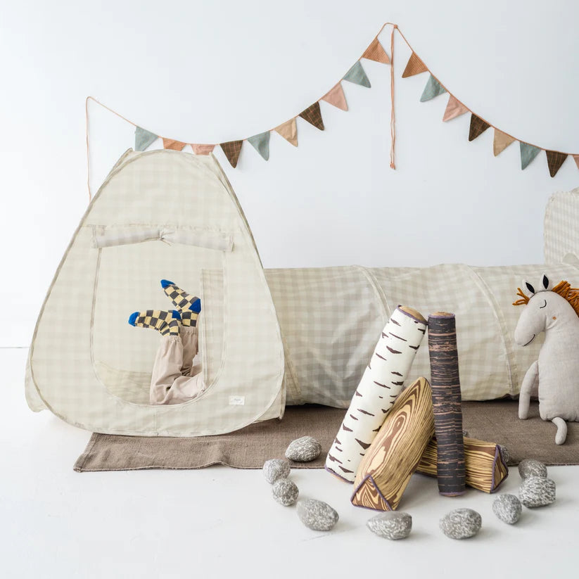 Gingham Beige Fabric 3-in-1 Play Tent & Tunnel Set