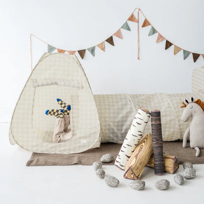 Gingham Beige Fabric 3-in-1 Play Tent & Tunnel Set