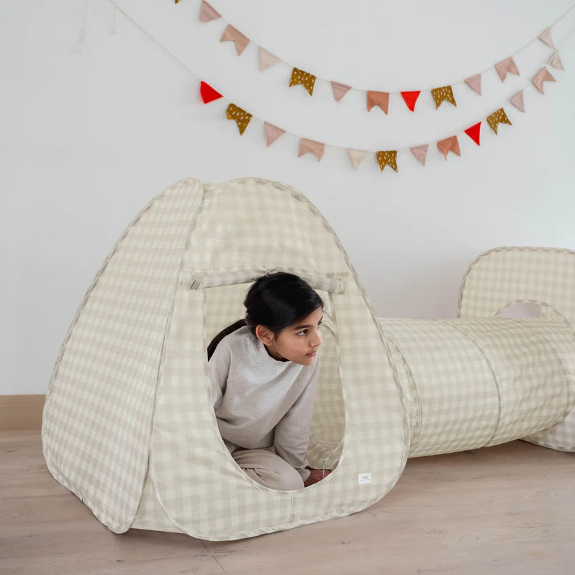 Gingham Beige Fabric 3-in-1 Play Tent & Tunnel Set