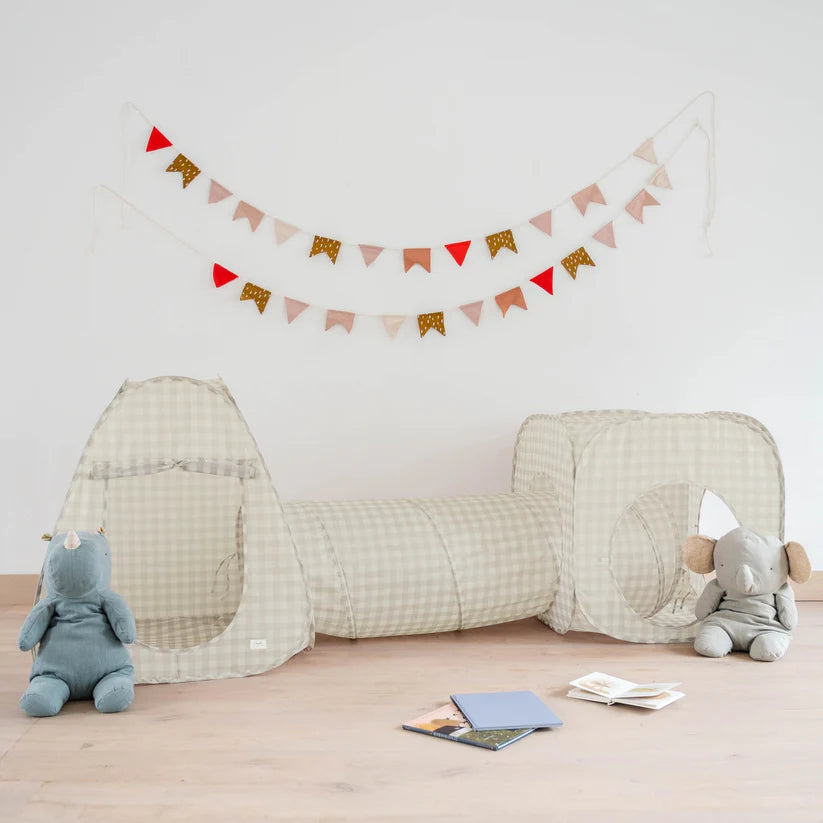 Gingham Beige Fabric 3-in-1 Play Tent & Tunnel Set