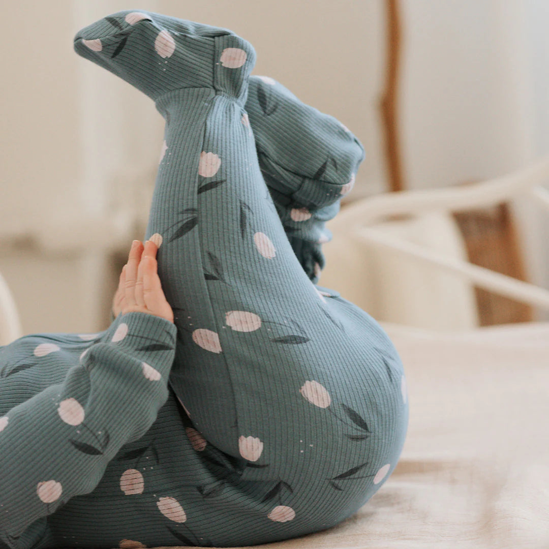 Tulips Print on Sea Blue Ribbed Sleeper