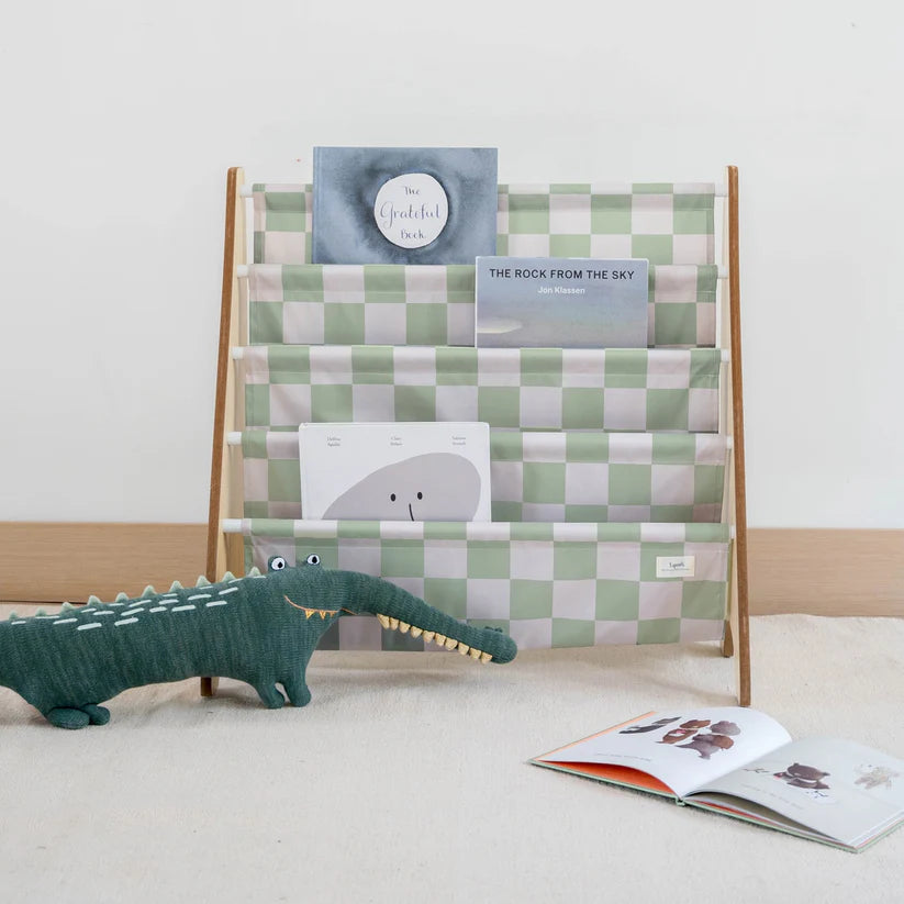 Checkerboard Green Recycled Fabric Book Rack