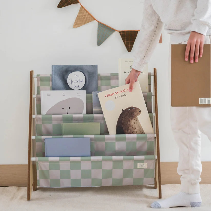 Checkerboard Green Recycled Fabric Book Rack