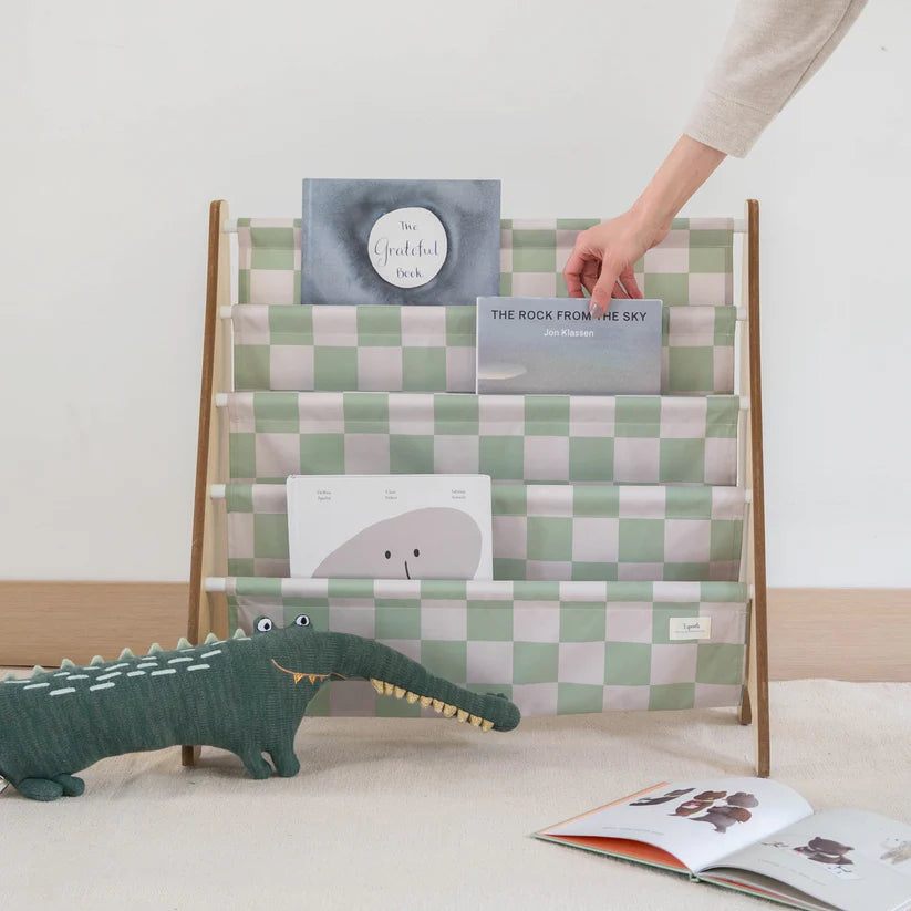 Checkerboard Green Recycled Fabric Book Rack