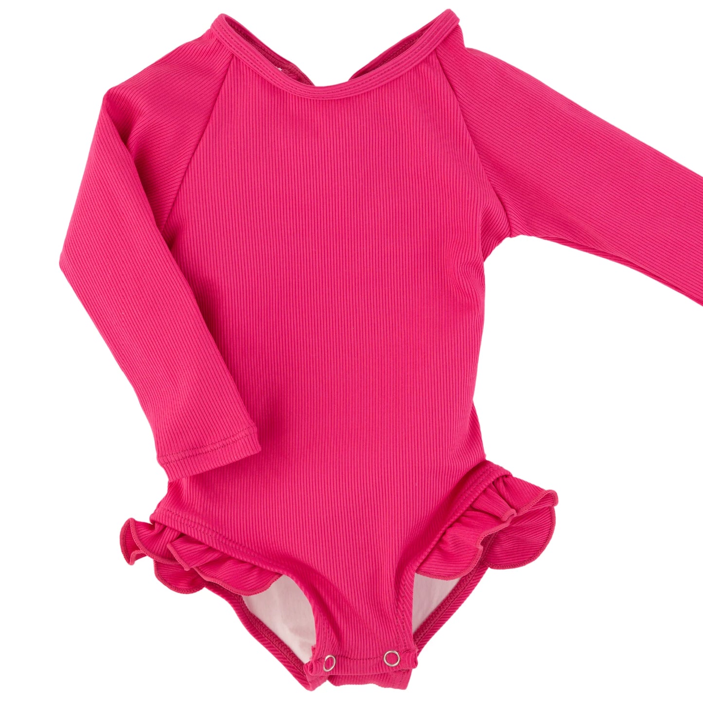 Hot Pink Ribbed Ruffle Rashguard Suit