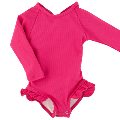 Hot Pink Ribbed Ruffle Rashguard Suit