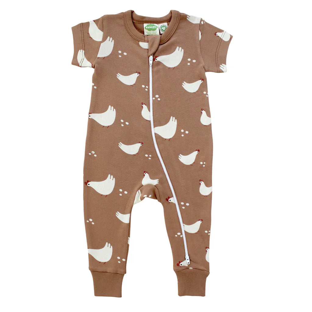 Chickens Organic Signature Print '2-Way' Zip Romper - Short Sleeve