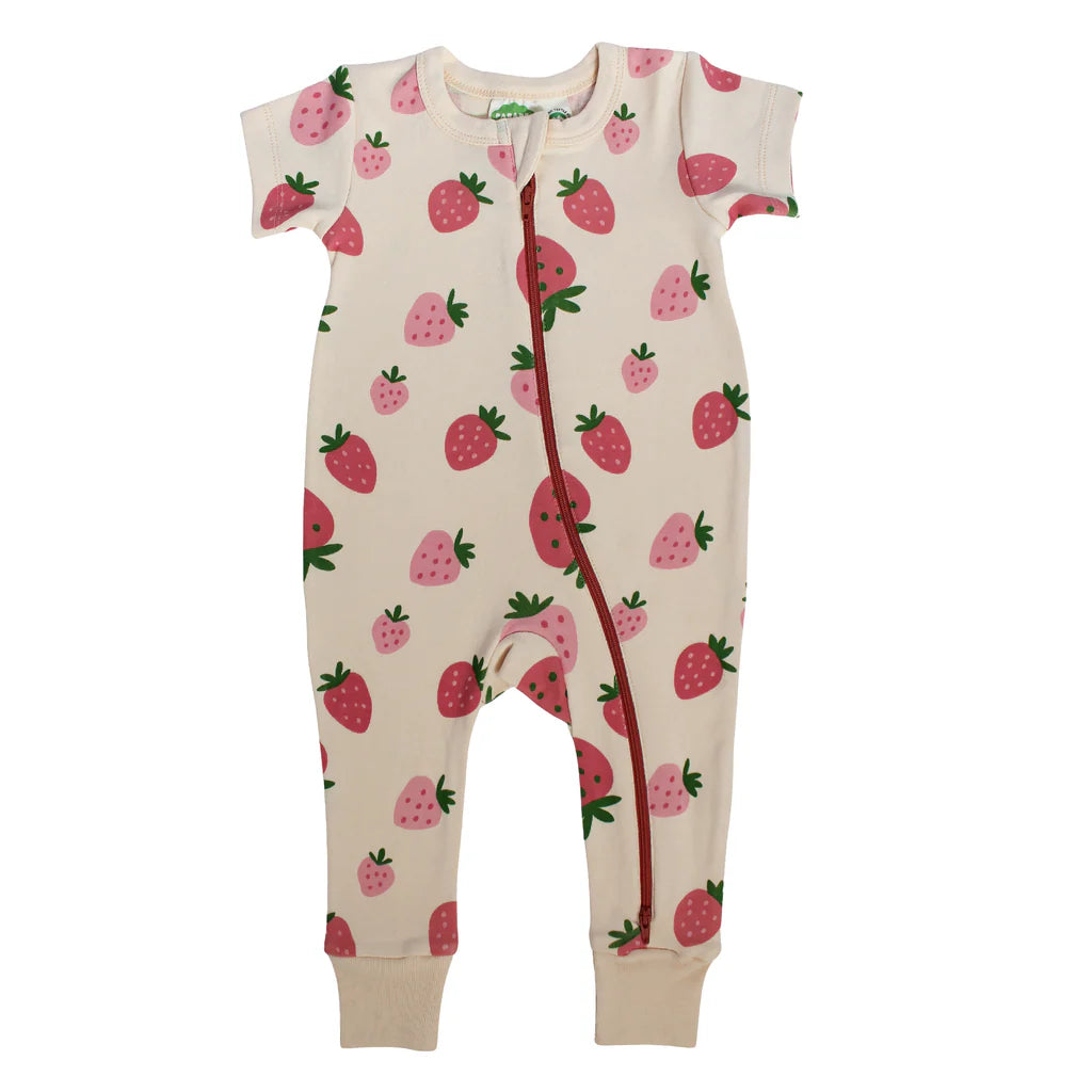 Strawberries Organic Signature Print '2-Way' Zip Romper - Short Sleeve