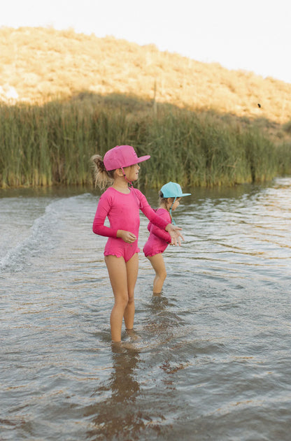 Hot Pink Ribbed Ruffle Rashguard Suit