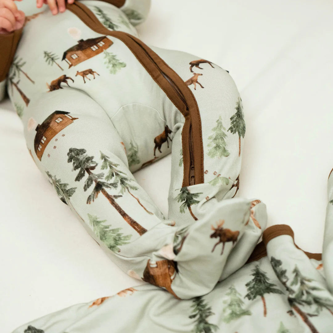 Footed Zipper Sleeper - Moose on Green