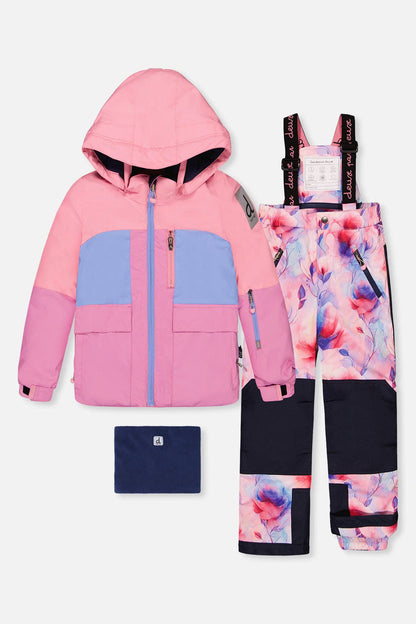 Two Piece Play Snowsuit Pink And Purple Colorblock With Watercolor Floral Print Pants: 5