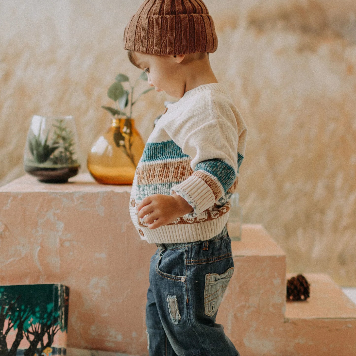 Baby Cream & Teal Knitted Button Up Sweater
