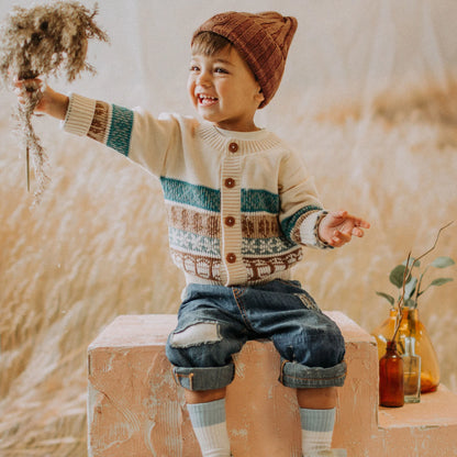 Baby Cream & Teal Knitted Button Up Sweater