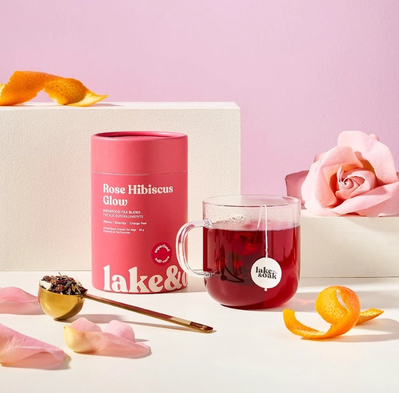Rose Hibiscus Glow - Superfood Tea Blend: Plant-Based Pyramid Tea Bags - Canister of 10